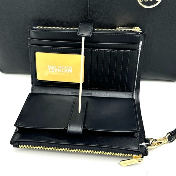 Michael Kors Medium Jet Set Travel Zip Tote Bag & Double Zip Wallet Black/Gold - Picture 12 of 13